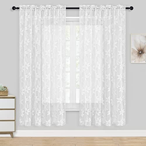 DWCN White Sheer Curtains - Beautiful Floral Lace Rod Pocket Window Voile Sheer Drapes for Girls Bedroom 52 x 72 inches Long, Set of 2 White Curtain Panels