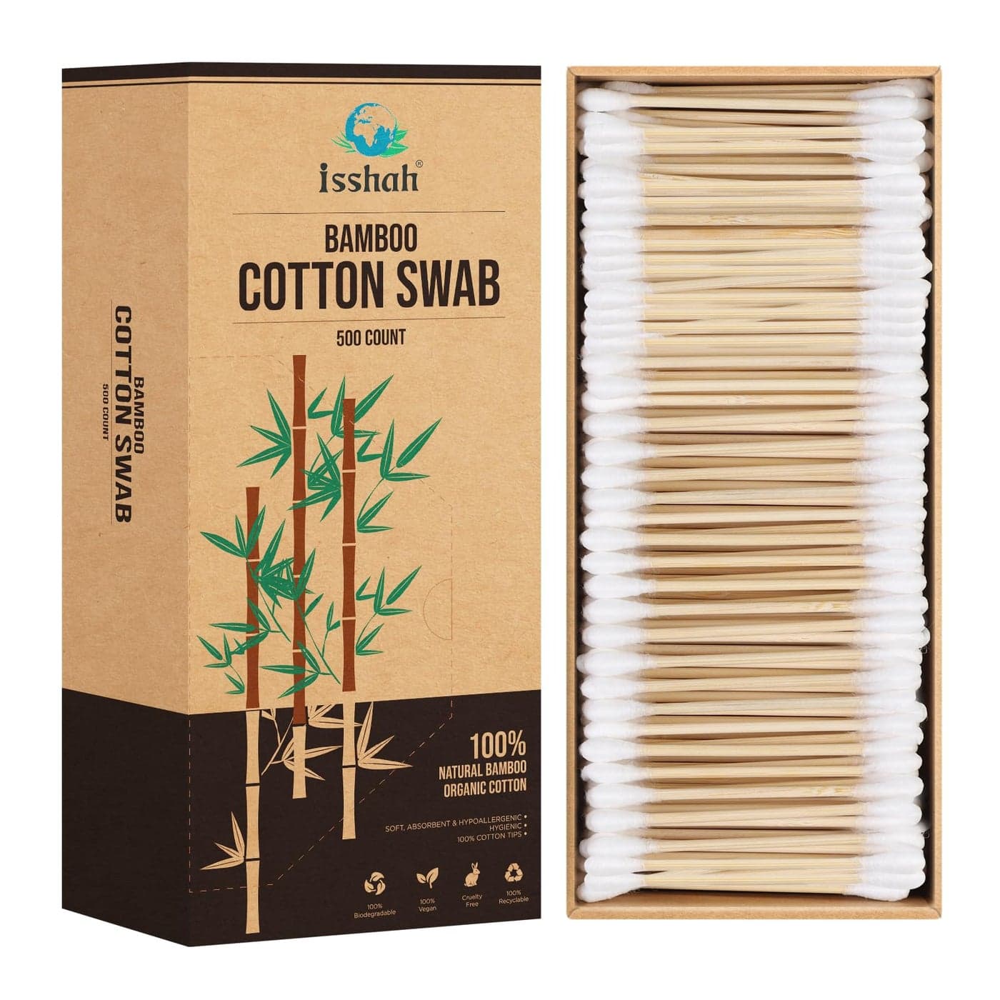 Bamboo Cotton Swabs 500 Count FSC Certified and PETA Approved Eco Friendly Double Tips Plastic Free Ear Sticks All Natural 100 Biodegradable Organic Cotton buds by Isshah