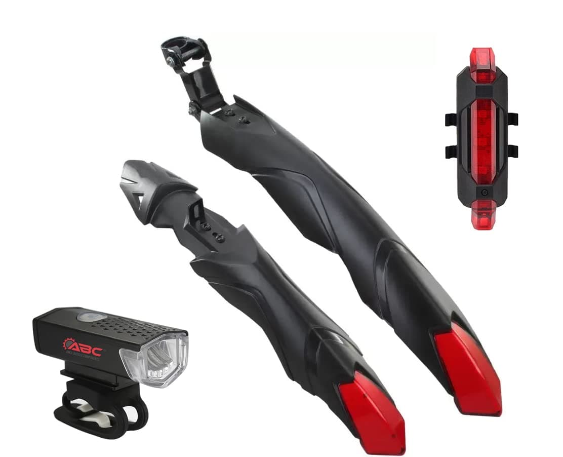 ABC Bicycle Front & Rear Mudguard with Night Reflector + Cycle Waterproof USB Rechargeable Front & Back Light (Red)