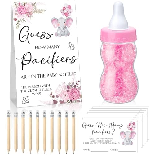 Roowest 512 Pcs Baby Shower Games Guess How Many Pacifiers Sign 100 Small Guessing Games 10 HB Pencils 750ml Milk Bottle 400 Acrylic Pacifiers Decoration for Guest Gender Reveal(Pink,Elephant)