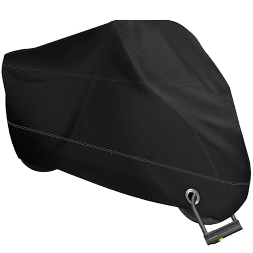 XYZCTEM Motorcycle Cover -Waterproof Outdoor Storage Bag,Made of Heavy Duty Material, Fits up to 116" Harley Davison and All Motors(Black& Lockholes& Professional Windproof Strap)