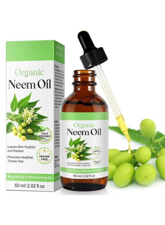 Neem Oil for Skin, Pure Natural Cold Pressing, Free of Hexane, Nourishes the Skin and Hair, Reduces Fine Lines, 2.02 Oz