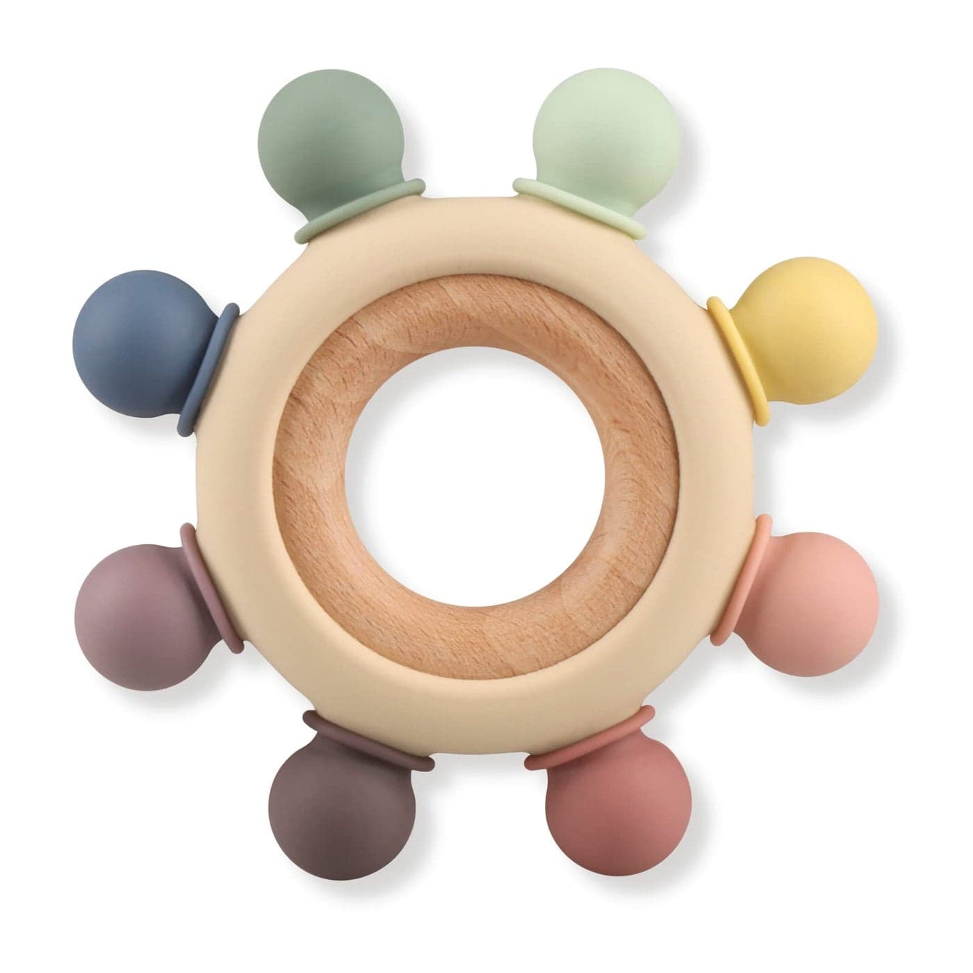 Baby Teething Toys Silicone Chewable Teethers with Wooden Ring for Soothing Babies Gums Rudder Chewers Shower Gift for lnfants Toddlers 3 Months 8 Directions Gray