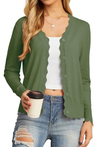 GRECERELLE Women's Open Front Cardigans Button Down Long Sleeve Shrug Sweater(Army Green, Large)