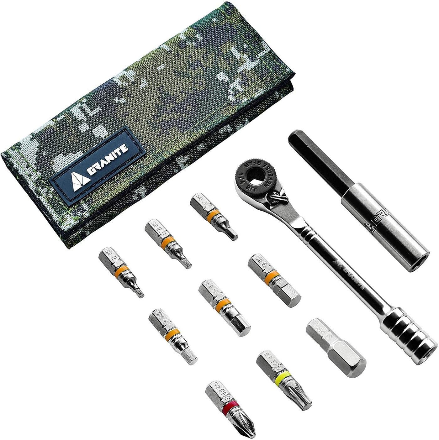 Granite Rocknroll Mini Ratchet Bike Tool Kit, Bike Multitool Kit with 9 Tool Bits and Extension Rod, Portable Bicycle Tool Kit for Mountain Bike, Road Bike and Gravel Bike (Green Camo)