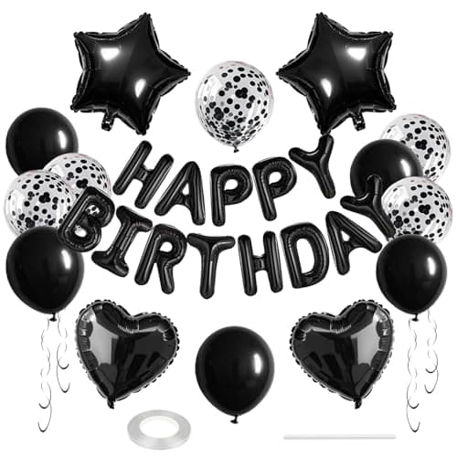 WEIKA 27 Pcs Black Birthday Decorations 3D Foil Black Happy Birthday Balloon Banner Pentagram Heart Foil Balloons Confetti Balloons Kit For Boys Girls Birthday Party Supplies