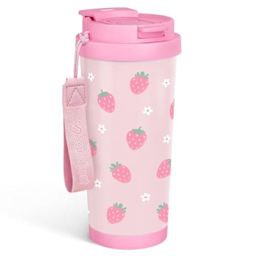 SANDJEST Strawberry Tumbler - Stainless Steel 2-in-1 Lid Coffee Tumbler 18 oz, Insulated Travel Mug Gift for Women Girls Teen Mother, Birthday Christmas