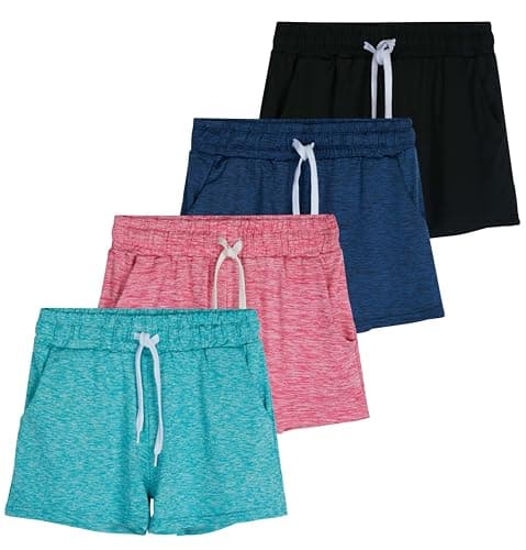 Real Essentials 4 Pack: Girls Athletic Performance Dry-Fit Running Shorts with Drawstring & Pockets - ST 2,M (10-12)