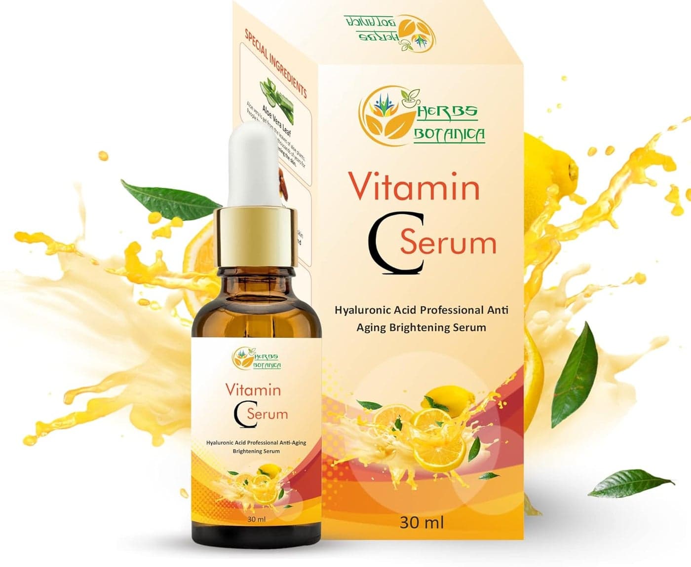 Herbs Botanica Vitamin C Serum For Face with Hyaluronic For Anti Aging Hydrating Serum for Dark Spots Fine Lines Includes Vitamin E Organic Aloe Vera and Jojoba Oil 1 fl oz