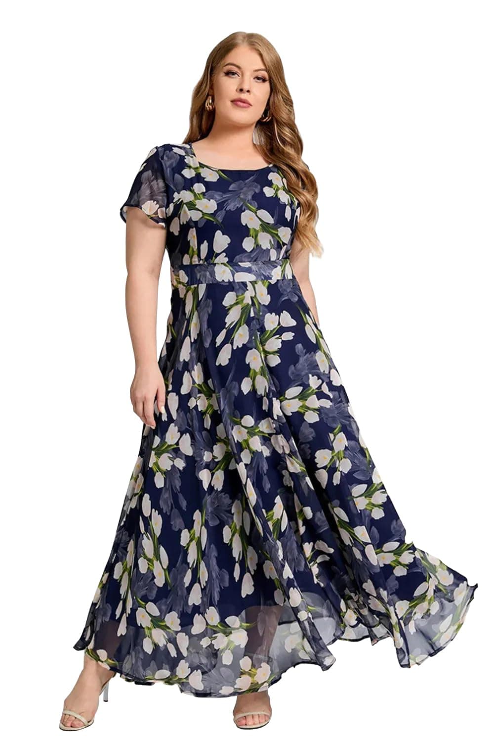 Shasmi Women's Navy Blue Georgette Digital Floral Printed Floral Printing Short Sleeve A-Line Maxi Gown Dress for Women (Gown Dress 248 N Blue S)