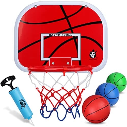 Mini Red Basketball Hoop Set Over The Door Hoop Set with 3 Mini Colorful Replacement Rubber Basketballs for Kids Adults Home Office Dorm Door Wall ABS Backboard Metal Rim Goal Sport Party Activity