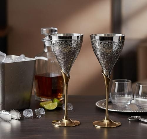 StonKraft eSplanade Engraved Brass Goblet Champagne Glasses Flutes Coupes Wine Glass Set (Thick) - Silver Polished