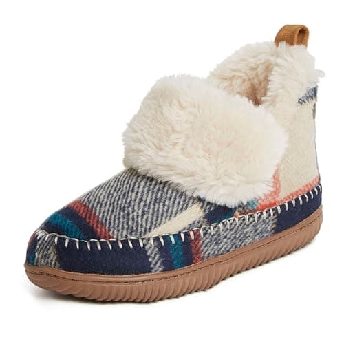 Dearfoams Women's Alpine Moritz Outdoor Arch Support House Shoe Bootie Slipper, Navy Plaid, 7-8