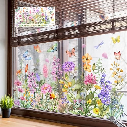 2 Pack Flower Window Clings, Removable Static Floral Window Decals for Home Decor, Colorful Wildflower Bouquet Stickers for Bedroom Living Room Office (Pink Purple)