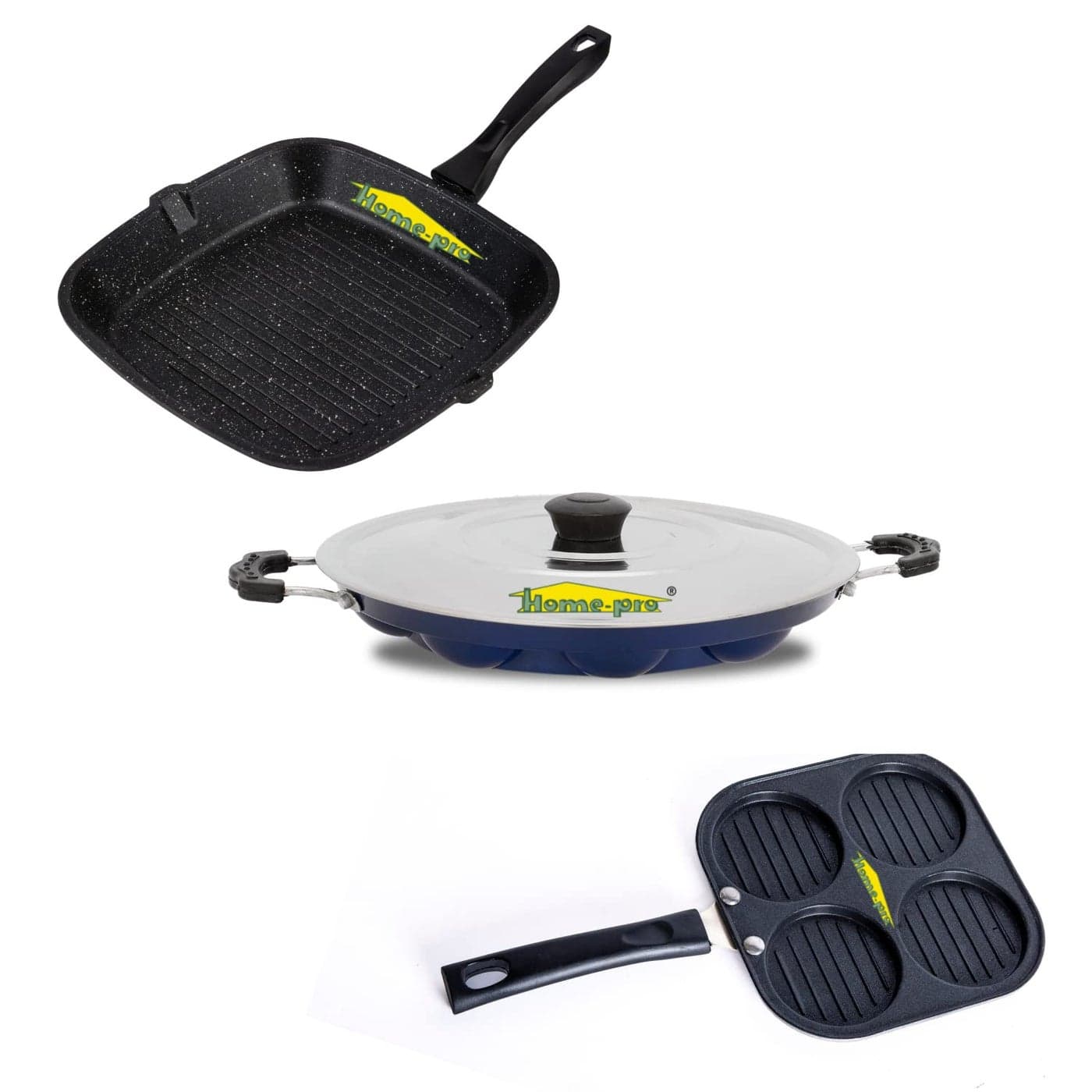 HomePro Grill Pan Uttapam Appam Blue Non Stick Combos Pot Pan Set Aluminium Set Bakelite Handle Combo Pack of 3
