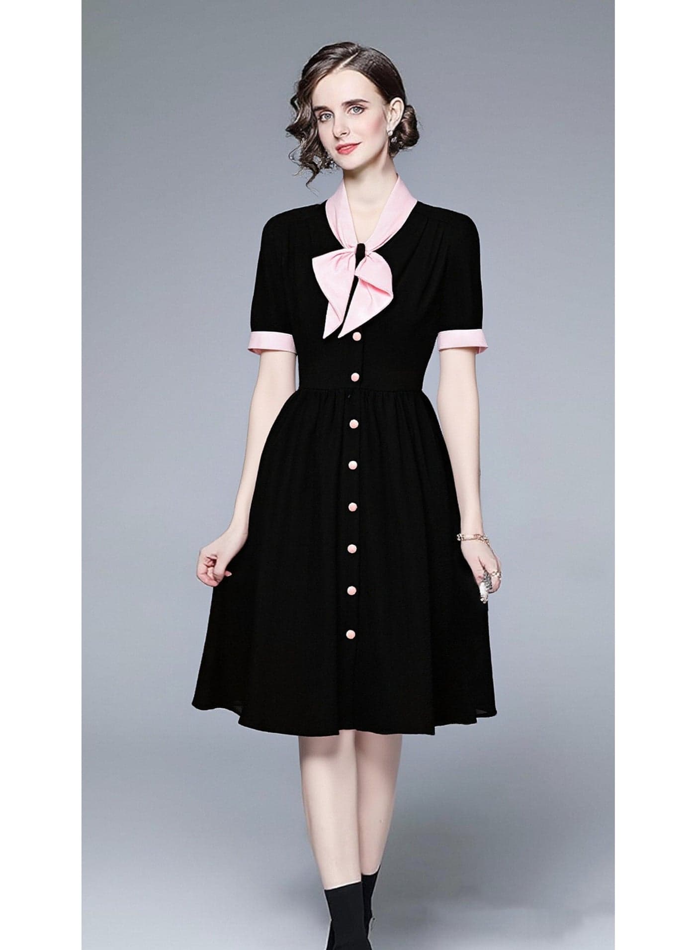 Women's Vintage Black & Pink Bow Collar Button-Down Midi Dress - Elegant Retro Style for Office & Party