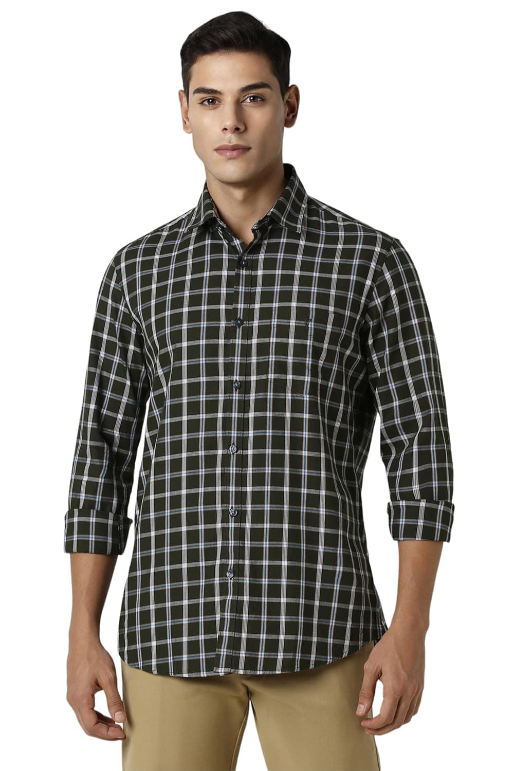 Van Heusen Men's Cotton Checkered Slim Fit Shirt (VSSFUSLFN87096_White, 42, Black White