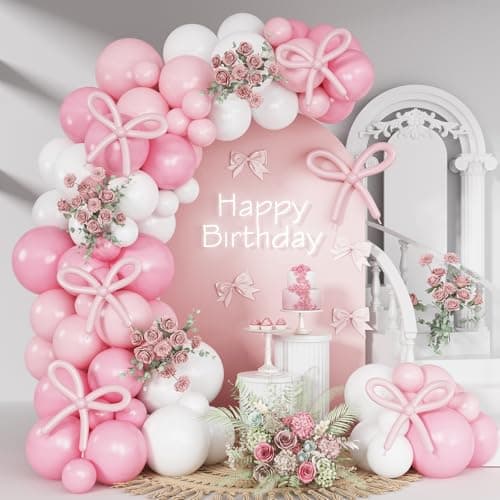 HILAVO Pink Bow Balloon Arch Kit Pink and White Balloons Garland 91 Pcs Coquette Birthday Decor White Pastel Light Pink Bow Balloon for Girls Princess Bridal Baby Shower Birthday Party Decorations