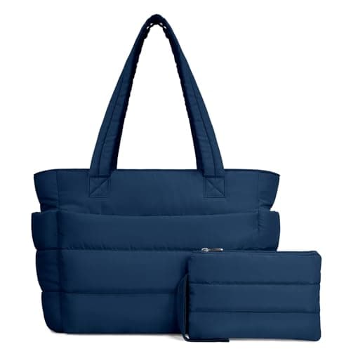 TOPDesign Puffer Tote Bag for Women, Lightweight Puffy Handbag with Compartments & Cosmetic Bag, Quilted Shoulder Bags for Work, Travel, Gym, Gifting (M Navy Blue)