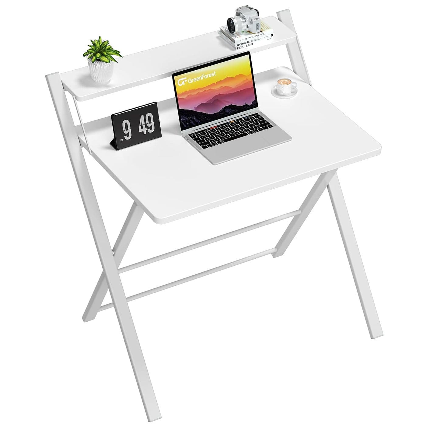 GreenForest No Assembly Folding Desk 2Tier Compact Computer Desk with Shelf Space Saving Foldable Table for Home Office Dorm or Apartment Portable Collapsible Sturdy Laptop Desk White