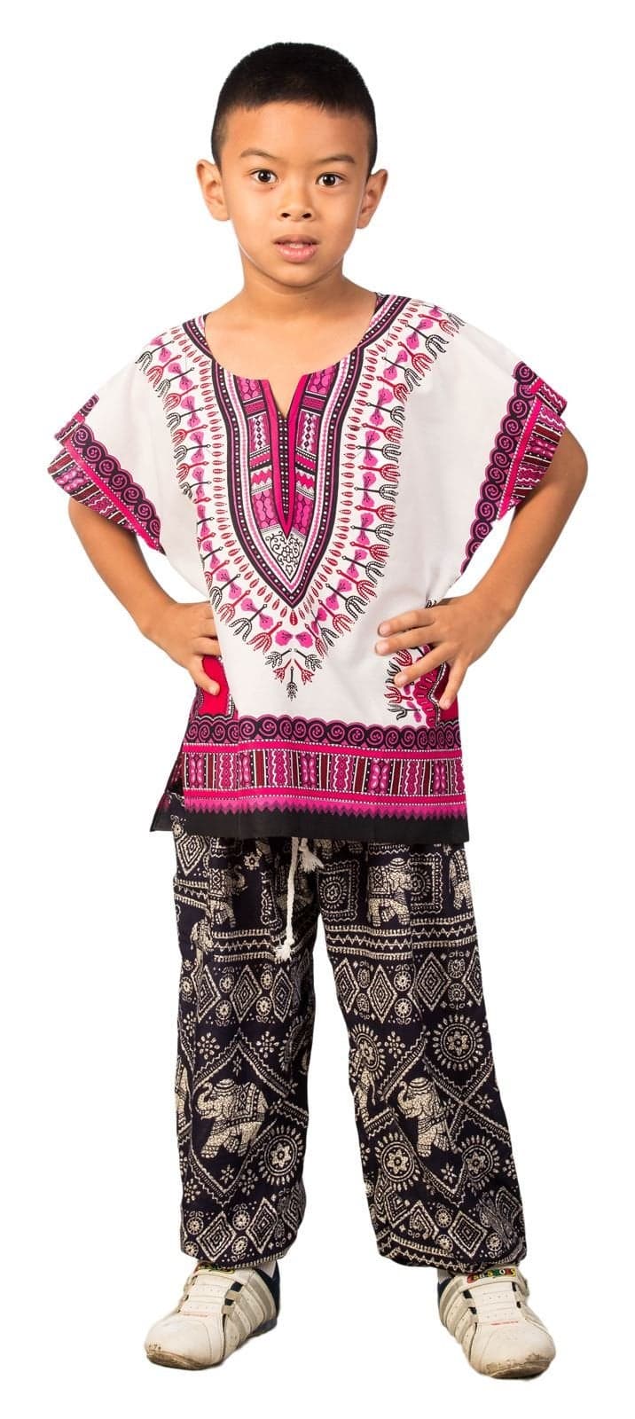 LOFBAZ African Dashiki Shirt for Kids Girls Boys Unisex Clothes Print TShirts Little Baby Toddler Dress Up Clothing White Deep Pink 36M