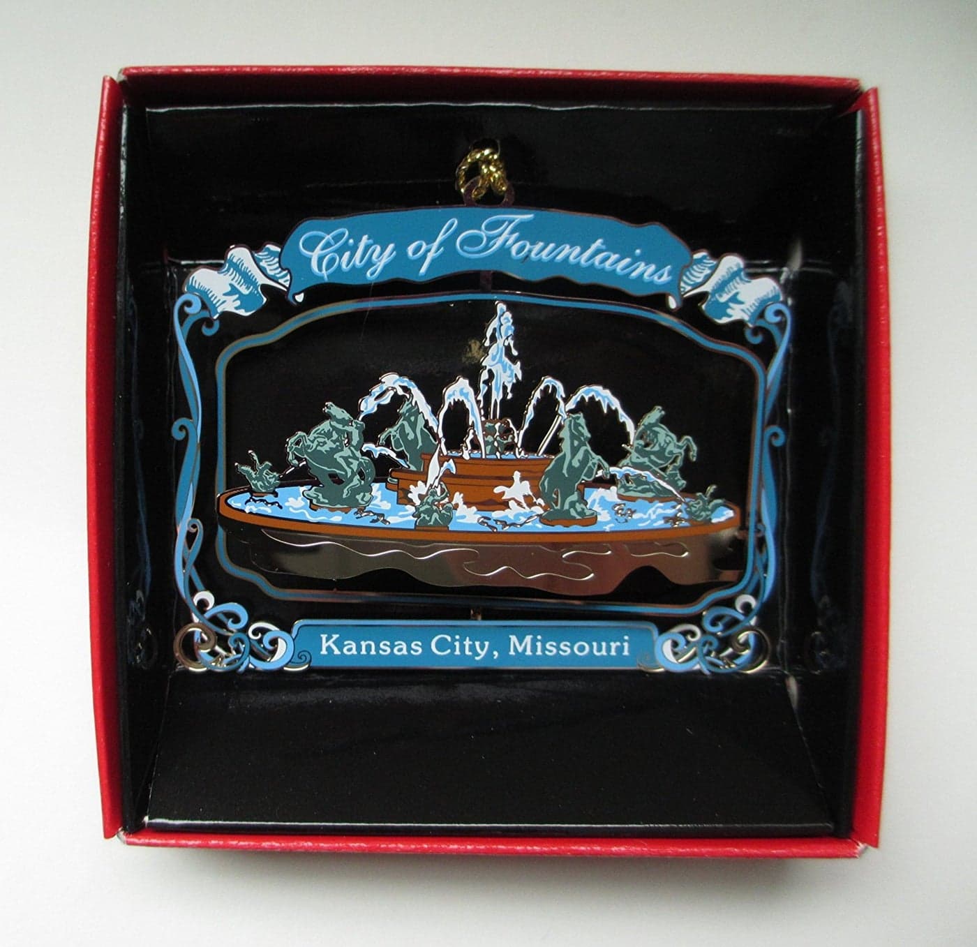 Nations Treasures Kansas City Fountains Ornament Meyer City Sea Horse Fountain JC Nichols Memorial Blue 3x3 Inch Brass Ornament