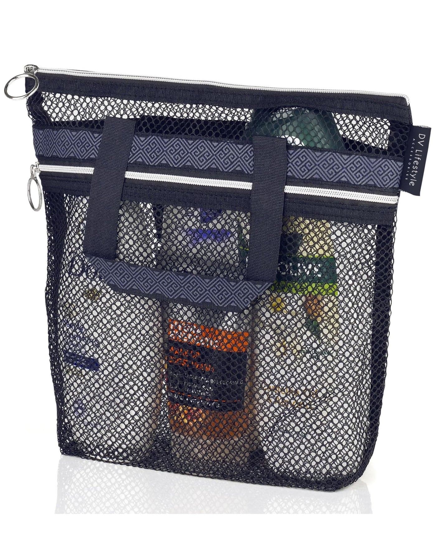 DV Lifestyle Mesh Shower Bag 10.2x9.9'' Quick-Dry Caddy with Zipper & 2 Pockets. Portable Toiletry Tote for Bathroom, Gym, Travel, Camp, Beach, for Sunscreen, Dorm & College Essentials (Black)