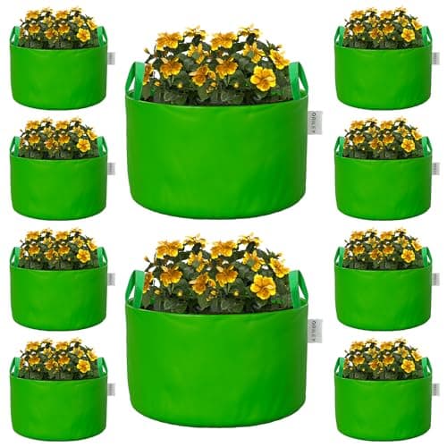 Oriley Grow Bag Heavy Duty HDPE Plants Flower Growing Bags Floor Standing Mount Type for Home Garden Balcony Terrace Kitchen Nursery (Green, Round with Handle, 250 GSM 6 x 6 inch Pack of 10)