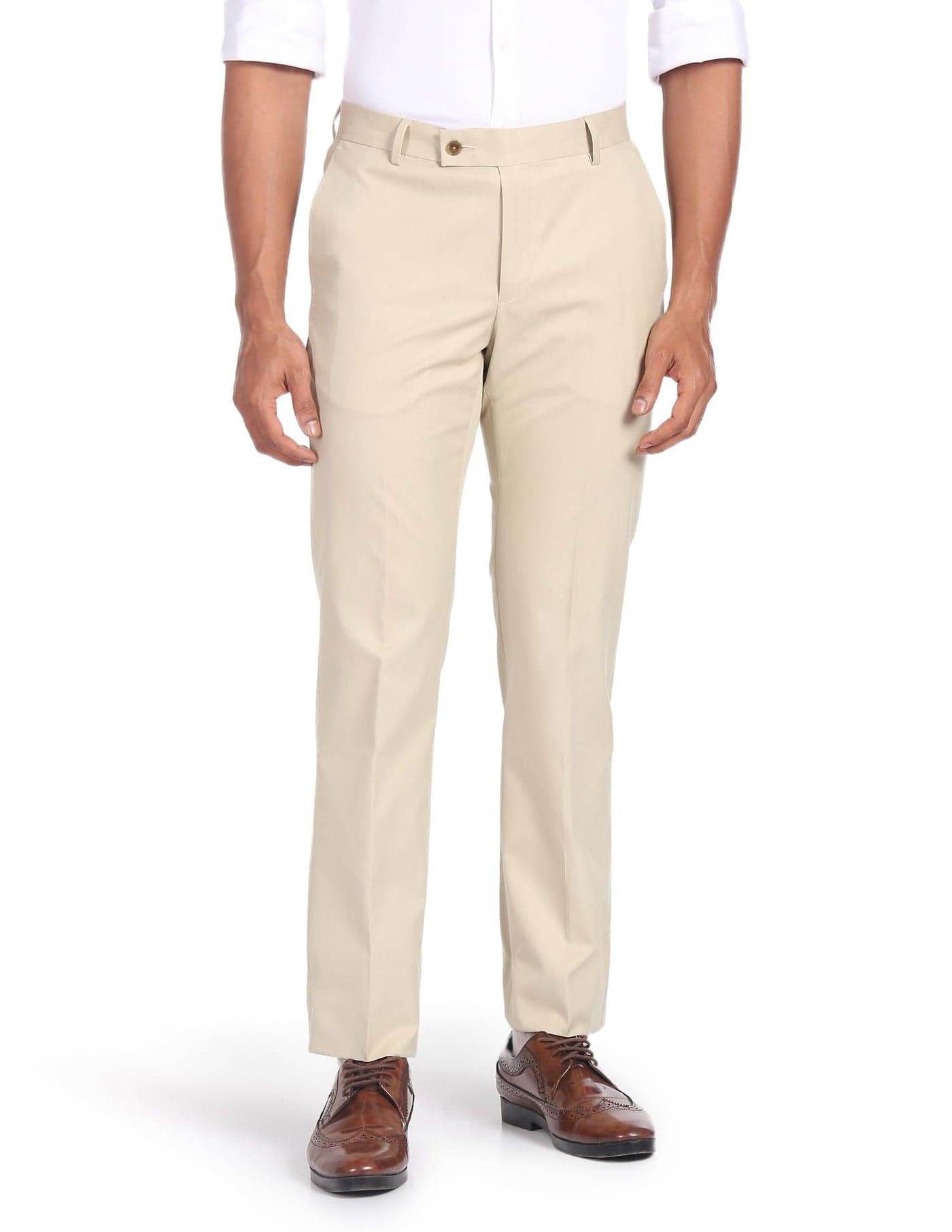 Arrow Men Regular fit Polyester SolidMid-Rise waistTrousers(ARADOTR3223_Beige_38)