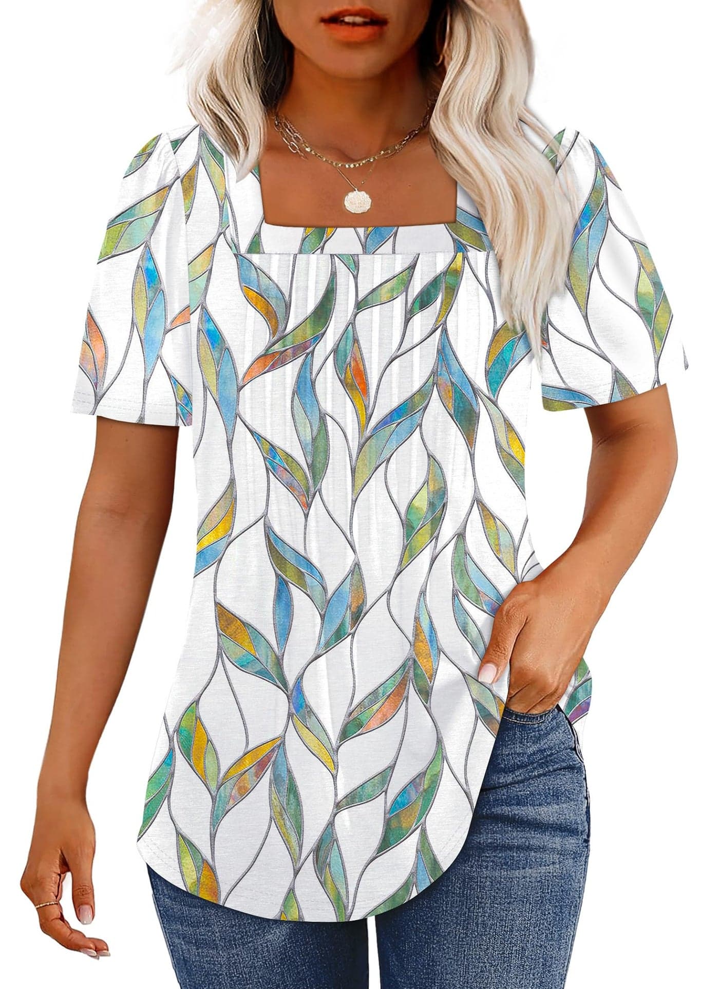 Blouses for Women Dressy Casual Trendy Summer Tops Spring Outfits Beach Vacation Clothes Fashion Pleated Short Sleeve T Shirts Loose Fit Floral Leaf L