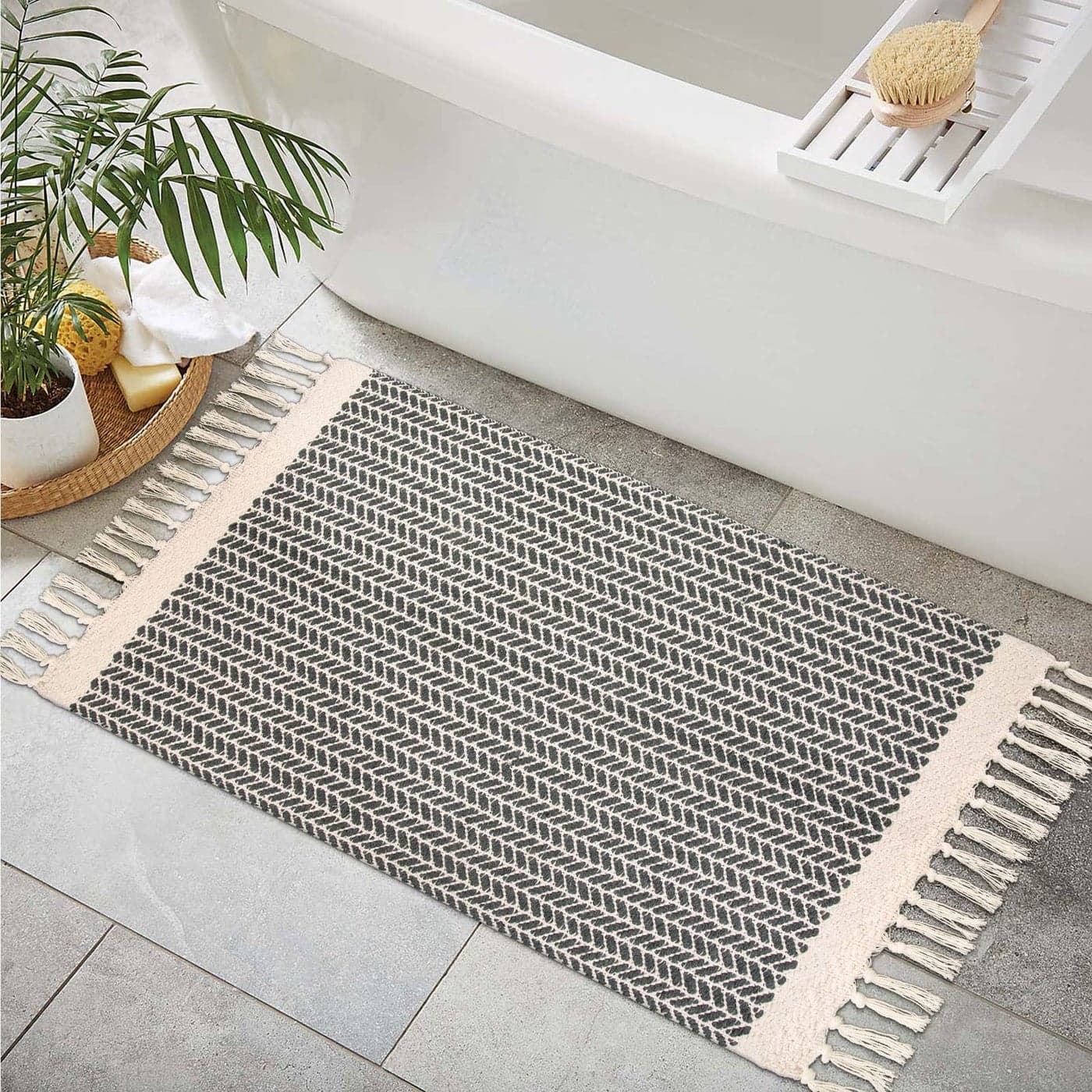 Lahome Boho Bathroom Rugs Small 2x3 Entry Rug Washable Front Door Bath Mat Woven Cotton Area Rug with Tassels Farmhouse Non Shedding Lightweight Grey Throw Rug Low Pile Carpet for Kitchen