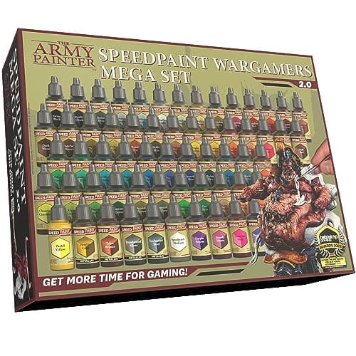 The Army Painter, Speedpaint Wargamers Mega Paint Set 2.0, 60 x 18ml Speedpaints, incl. 4 metallics, 1 Medium & 1 Free Brush for miniature and model painting