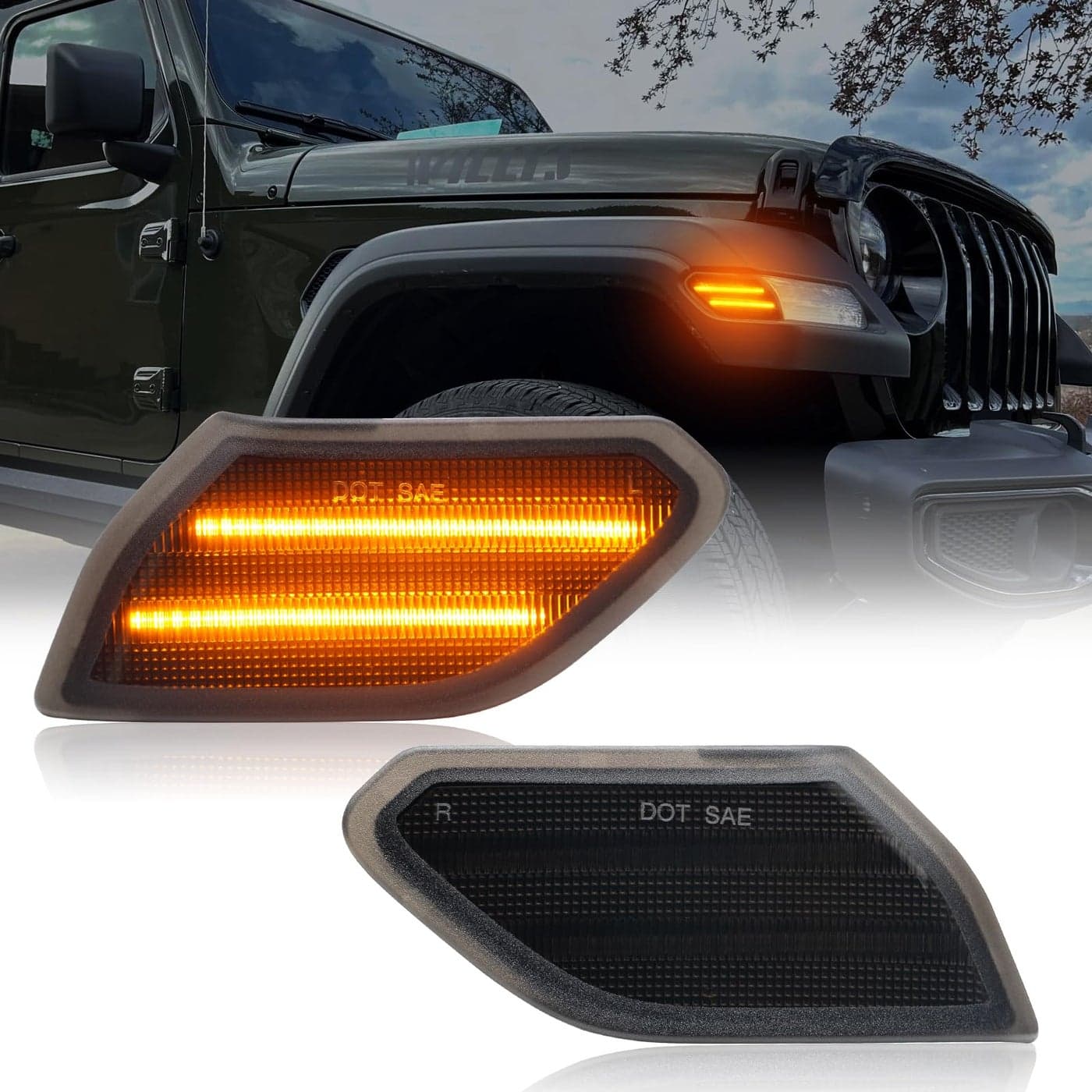 AUYICH LED Front fender Side Marker Light Compatible with Wrangler JL 20182024 Gladiator JT 20202023 Amber Flares Light Accessories Front Wheel Eyebrow Light with Smoke Lens Plug Play