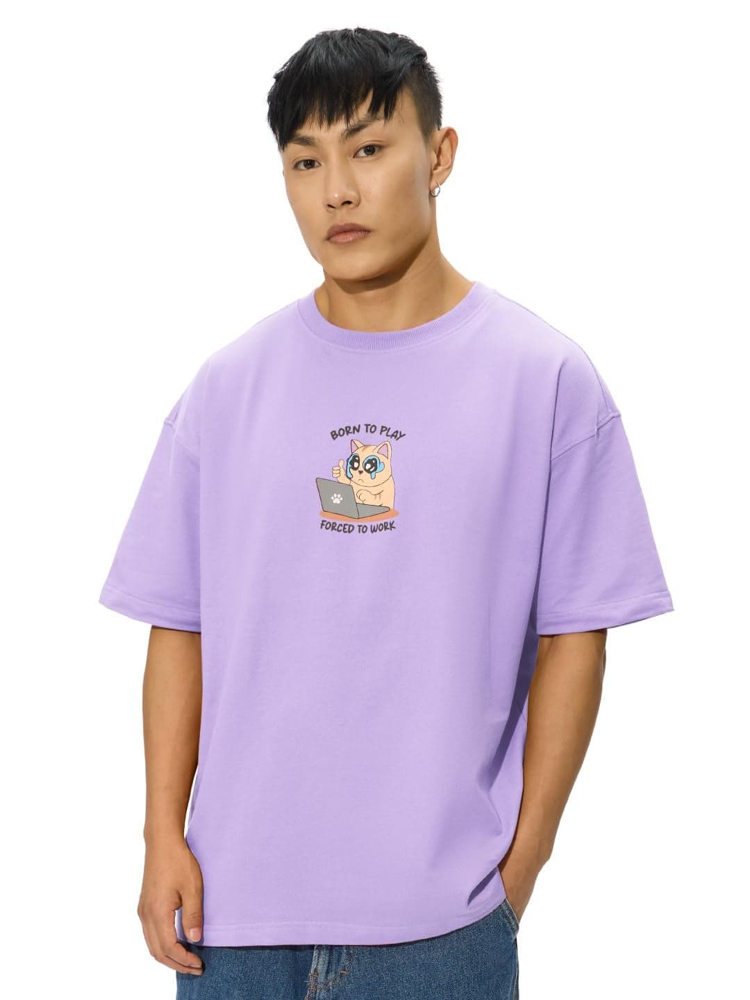 The Souled Store Oversized T-Shirt: Born to Play Men and Boys Short Sleeves Round Neck Graphic Printed Cotton Oversized T-Shirts Purple