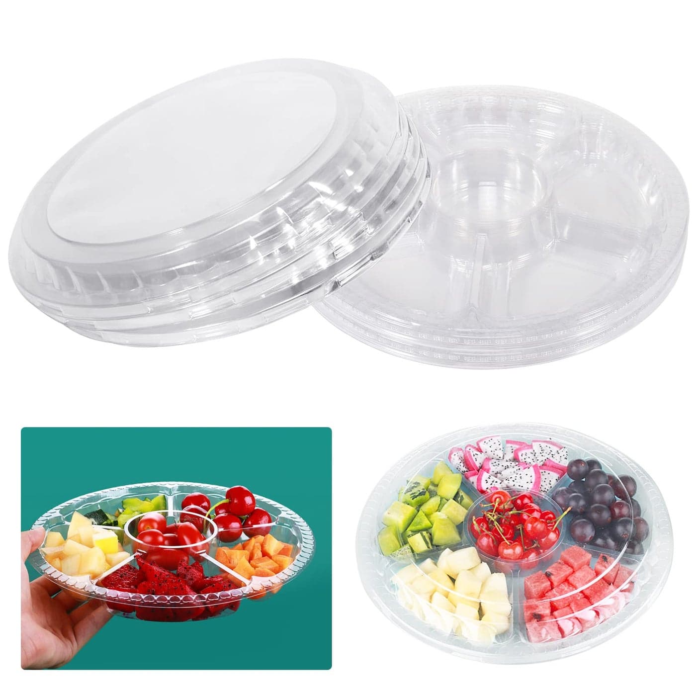 10 Pcs Round Plastic Appetizer Tray with Lid Divided Serving Tray Disposable Food Storage Trays Containers Plastic Tray Storage Kids Snack Fruit Platter Vegetable Trays for Party and Buffet