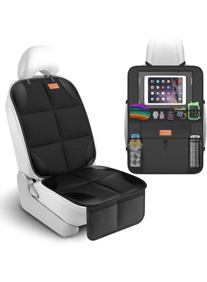 Non-Slip Backing Backseat Car Organizer Kick Mat with Storage Pockets, Large Waterproof Baby Car Seat Protector for Leather and Fabric (Black)