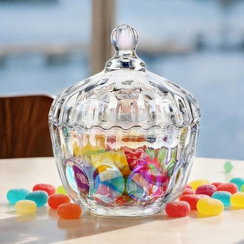kanpura 11.5 oz Glass Candy Dish with Lid Colorful Candy Jar for Office Desk Decorative Glass Jar for Buffet, Snacks, Coffee Beans 5.5″Tall