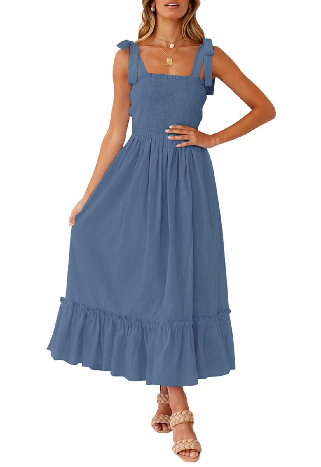 ZESICA Womens 2025 Summer Boho Spaghetti Strap Square Neck Solid Color Ruffle A Line Beach Long Maxi DressDustyblueMedium