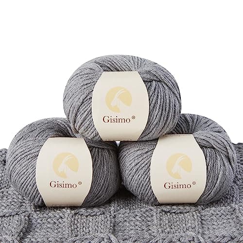 GISIMO 100% Merino Wool Yarn, 6-Ply Luxurious and Soft Yarn for Hand Knitting & Crocheting, 1.76 OZ/50g, 127 yds/116 Meters (Gray, 3 Balls)
