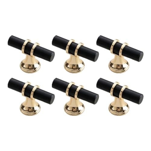 Pidynx 6 Pack Black and Gold Cabinet Knobs 197 Black T Bar Drawer Knobs Zinc Alloy Single Hole Pulls for Dresser 50mm Cupboard Handles for Kitchen Wardrobe Cabinet Hardware