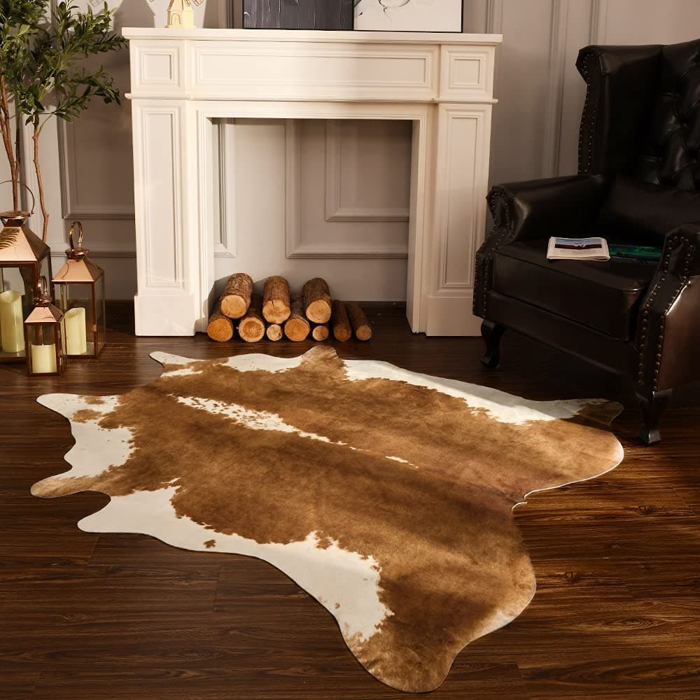 BENRON Premium Faux Cowhide Rug Cow Print Rustic Western Rugs for Living Room Bedroom Irregular Animal Skin Hides 46 x 52ft AntiSkid Cool Carpets for Cowboy Cowgirl Home Decor Khaki Brown