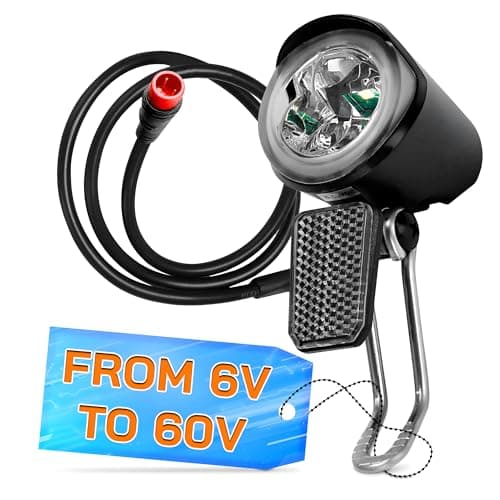 Headlight for Ebike 2 Pin Connector 6-60V - Easy to Install Ebike Light with LED Bulb, Reliable Stainless Steel Bracket, 20 Lm Lights Output, Weather Resistant - E Bike Light for Nighttime Rides