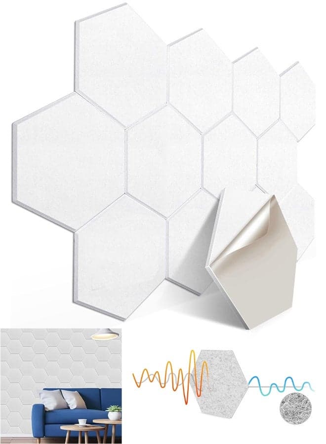 12PCS Acoustic Panels for Wall Self Adhesive Wall Panels High Density Sound Absorbing Panels Sound Proof Insulation Beveled Edge Studio Treatment Tiles (White)