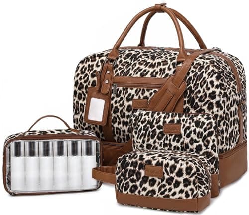 Wogarl Weekender Bags for Women Large Overnight Bag Weekend Travel Duffel Bag Carry on Shoulder with Shoe Compartment Canvas Toiletry Bag Tote with Trolley Sleeve for Travel Business Gym,Leopard