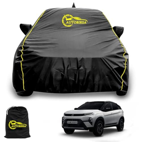 AUTOBIRSA Waterproof Car Body Cover Compatible with Tata Nexon New Car Cover with Mirror & Anteena Packets Dust Proof & Belt with 4 Side Elastic Black Colour & Yellow Piping Style