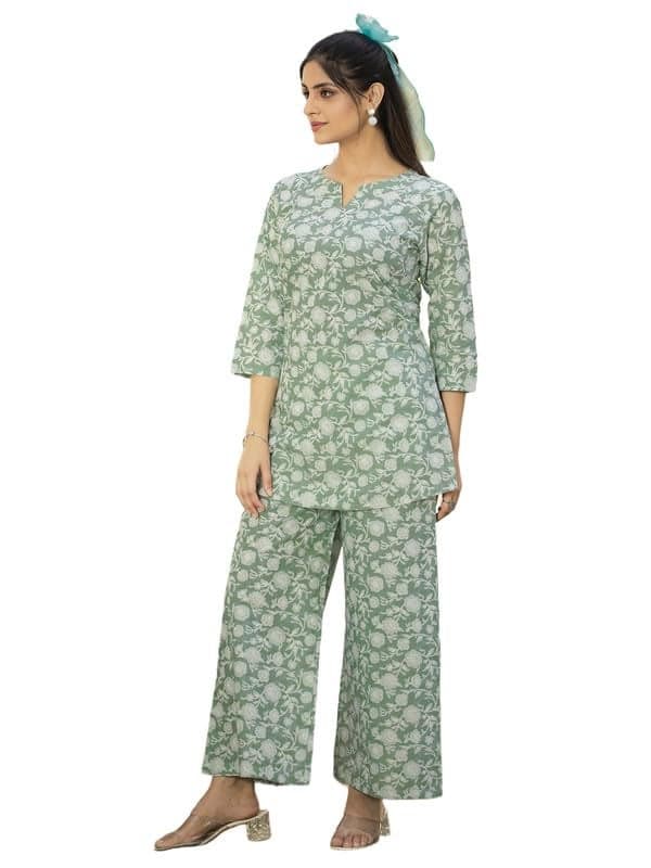 Tee Projekt Cotton Ethnic Wear Co Ord Set for Women | Co Ord Set for Women Stylish Light Green