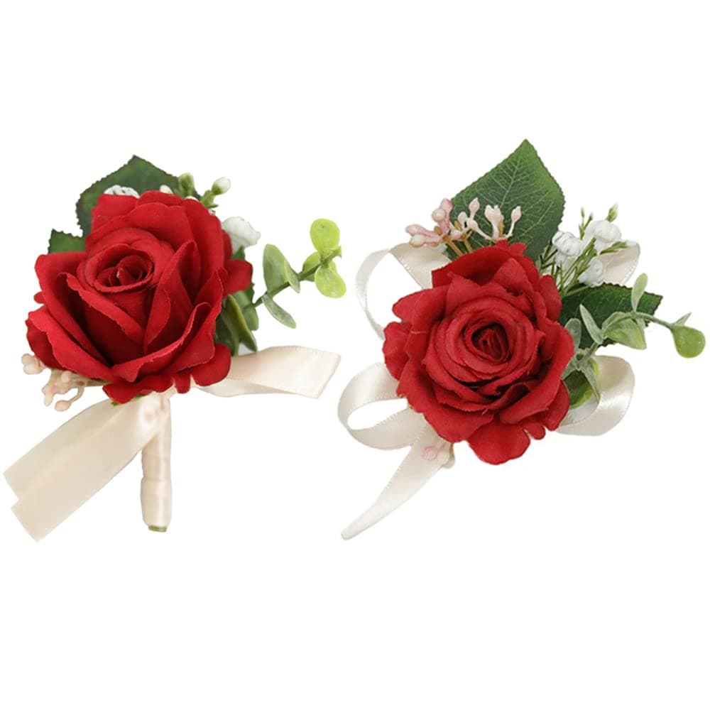 MAFELOE Wrist Corsage and Boutonniere Set Artificial Rose Flowers Accessories for Groom Bride Groomsmen Bridesmaids Wedding Party Prom Suit Red 2 Pieces
