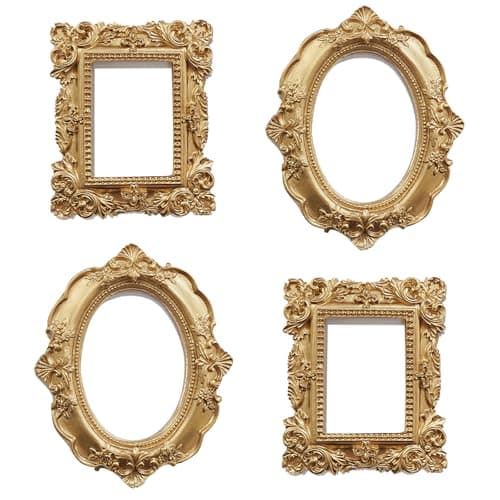 NSdawali 4 Pcs Mini Gold Picture Frames, Tiny Vintage Picture Frames Antique Small Photo Frame for Home Hotel Christmas Decor Table Top Jewelry Display Shooting Photo Props (No Backing)