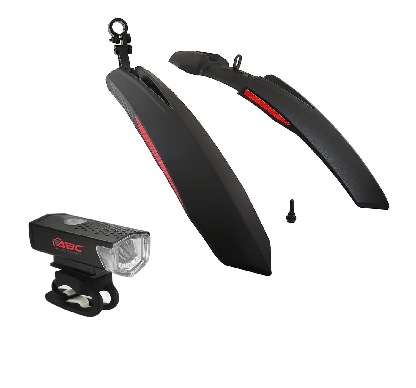 ABC Bicycle Front & Rear Mudguard with Reflective Tape and Iron Fitting + 1 Cycle Waterproof Rechargeable Black Headlight (Red)