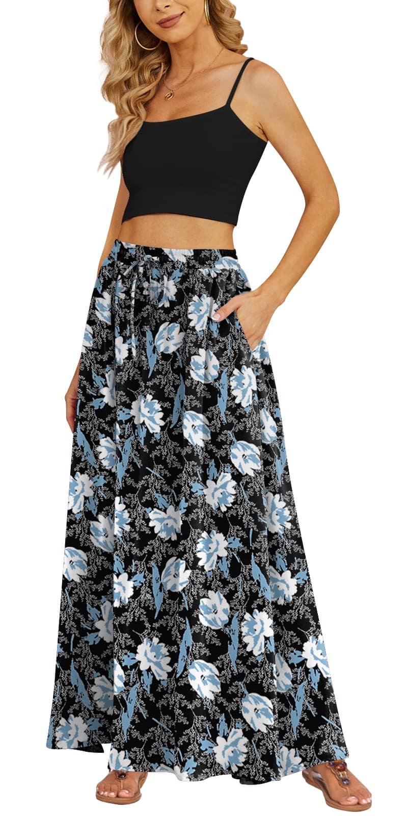 Yincro Women's Flowy Maxi Skirt Summer Pleated High Waisted Casual Long Skirts with Pockets (White Lily, L)